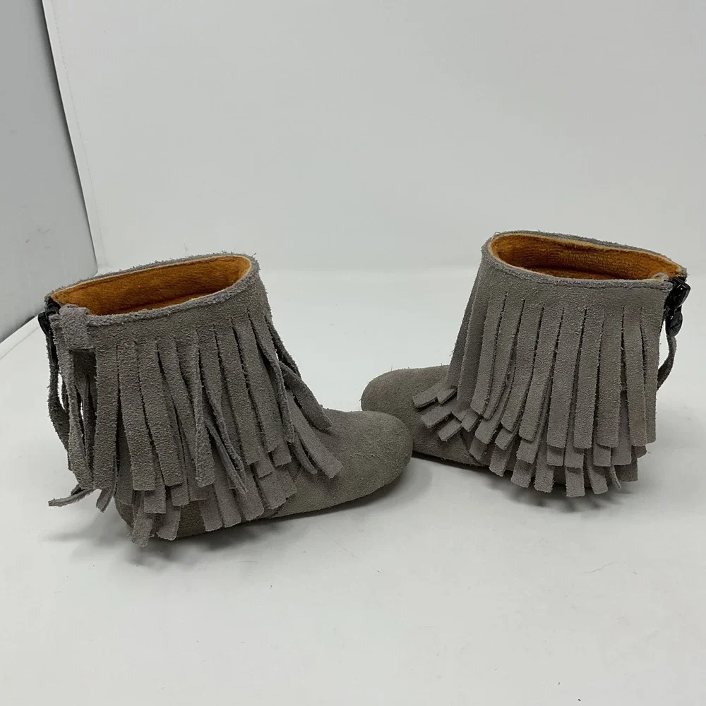 Monkey Feet Kids Gray Suede Fringe Ankle Boots Size 18-24 Months Boho Zipper